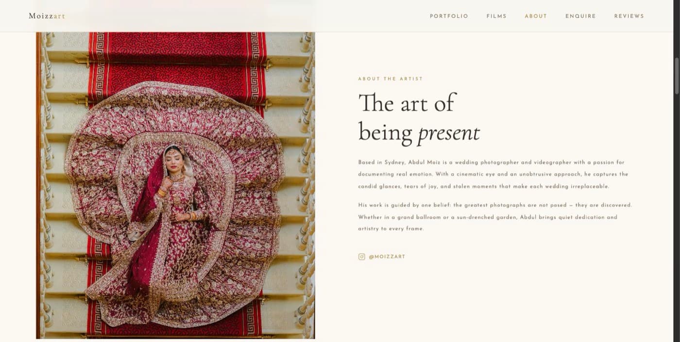 The Moizzart site, showing a bridal portrait beside the heading The art of being present.